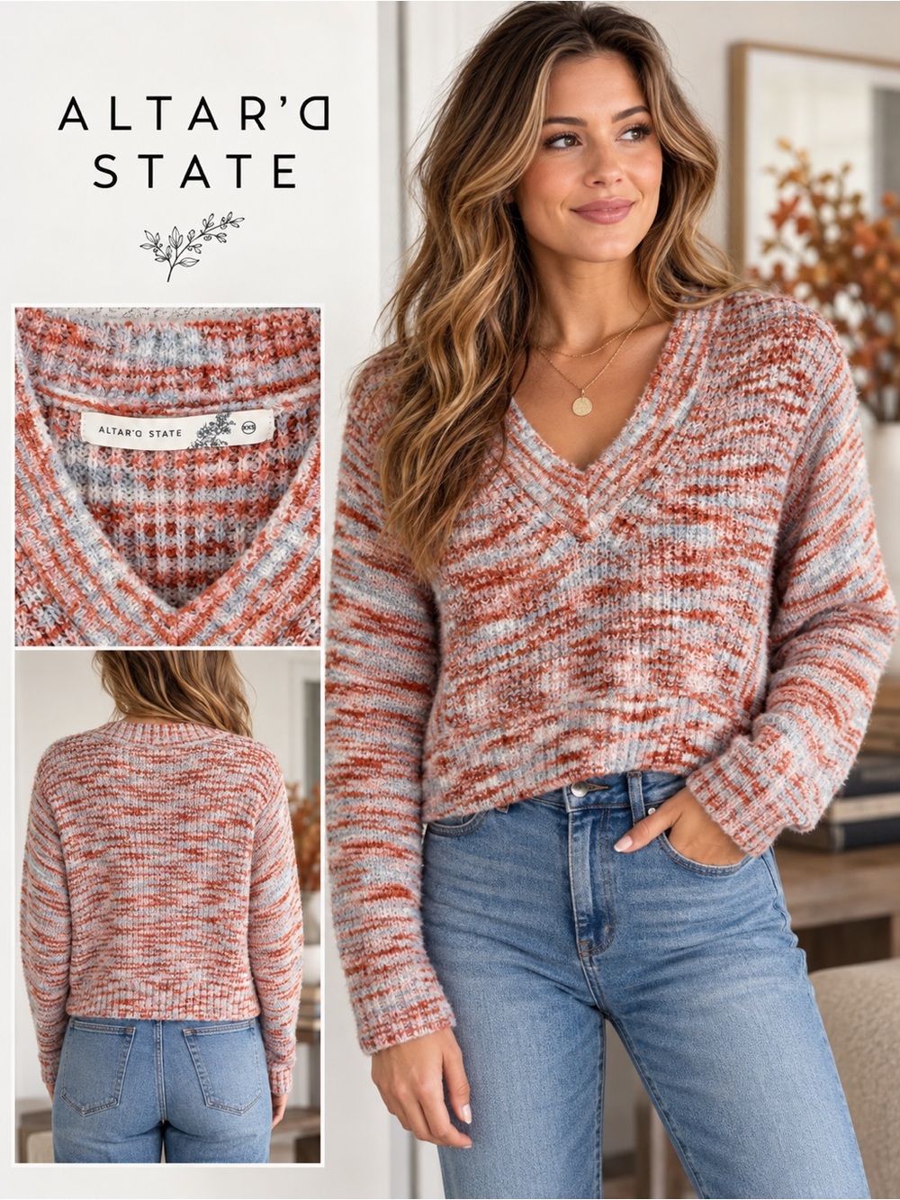 Ava & Viv Orange and Cream Marled V-Neck Crop Sweater